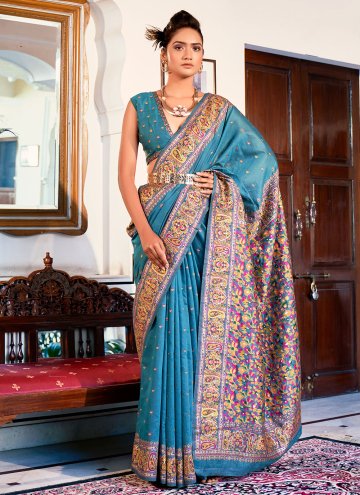 Firozi color Woven Satin Silk Classic Designer Sar
