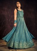 Firozi Georgette Mirror Work Designer Gown for Engagement - 2