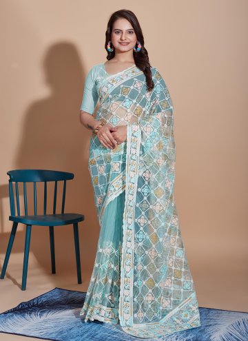 Firozi Net Embroidered Traditional Saree