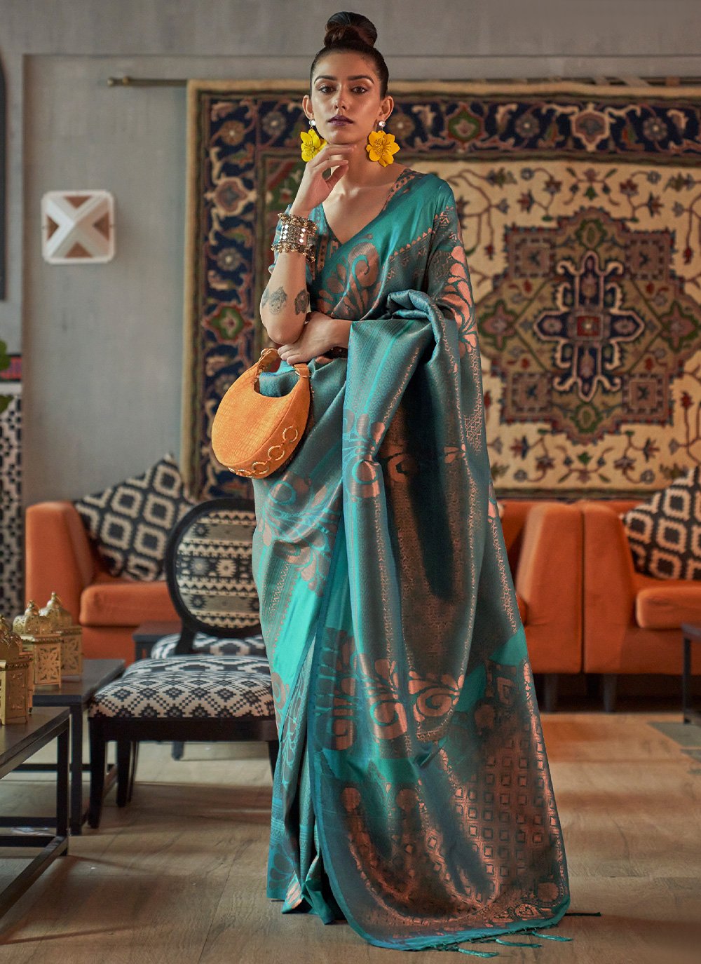 Firozi Silk Woven Contemporary Saree for Engagement