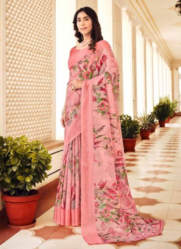 Floral Print Chiffon Rose Pink Classic Designer Saree