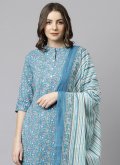 Floral Print Cotton  Aqua Blue Salwar Suit - 1