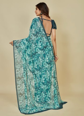 Floral Print Georgette Turquoise Trendy Saree