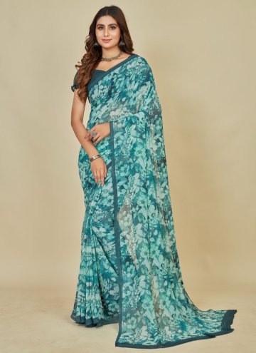 Floral Print Georgette Turquoise Trendy Saree