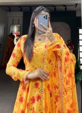 Floral Print Georgette Yellow Designer Gown - 1