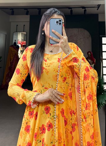 Floral Print Georgette Yellow Designer Gown