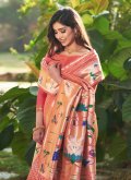 Floral Print Silk Peach Designer Saree - 1