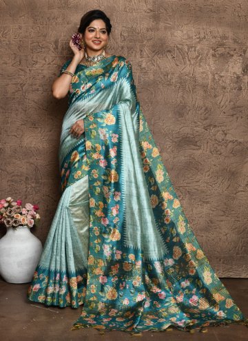 Floral Print Silk Turquoise Trendy Saree