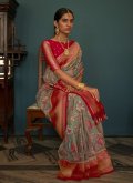 Floral Print Tussar Silk Grey and Red Trendy Saree - 1