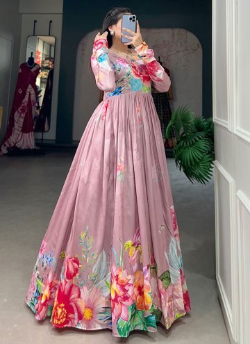 Floral Print Tussar Silk Mauve Gown