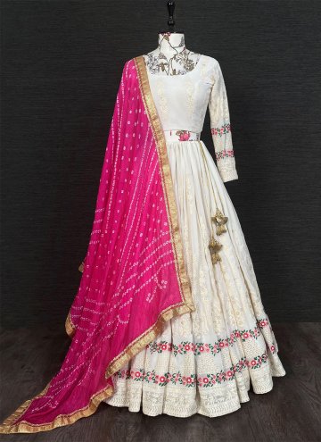 Georgette A Line Lehenga Choli in Off White and Pink Enhanced with Embroidered