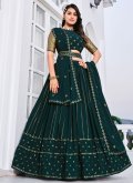 Georgette A Line Lehenga Choli in Teal Enhanced with Embroidered - 3