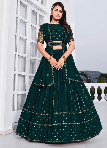 Georgette A Line Lehenga Choli in Teal Enhanced with Embroidered