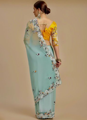 Georgette Classic Designer Saree in Aqua Blue Enhanced with Embroidered