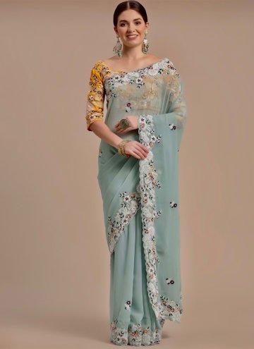 Georgette Classic Designer Saree in Aqua Blue Enhanced with Embroidered