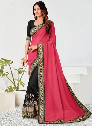 Georgette Classic Designer Saree in Black and Hot Pink Enhanced with Multi