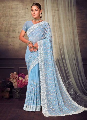 Georgette Classic Designer Saree in Blue Enhanced with Embroidered
