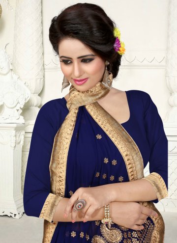 Georgette Classic Designer Saree in Navy Blue Enhanced with Embroidered