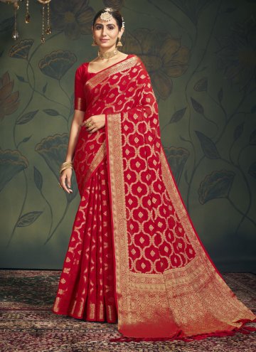 Georgette Classic Designer Saree in Red Enhanced with Woven