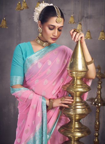 Georgette Classic Designer Saree in Rose Pink Enhanced with Woven