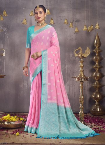 Georgette Classic Designer Saree in Rose Pink Enhanced with Woven