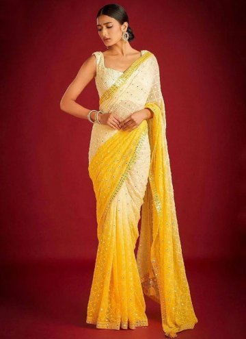 Georgette Classic Designer Saree in White and Yellow Enhanced with Embroidered