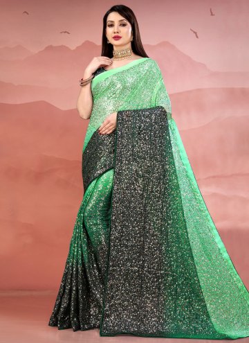 Georgette Contemporary Saree in Black and Green Enhanced with Sequins Work