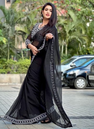 Georgette Contemporary Saree in Black Enhanced with Embroidered