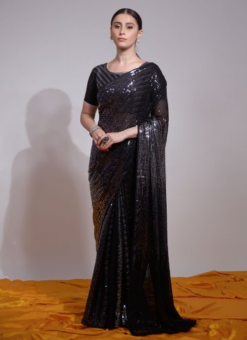 Georgette Contemporary Saree in Black Enhanced with Sequins Work