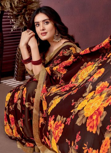 Georgette Contemporary Saree in Brown Enhanced with Print