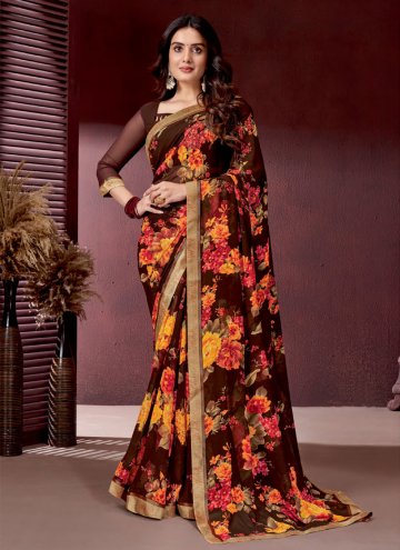 Georgette Contemporary Saree in Brown Enhanced wit