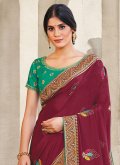 Georgette Contemporary Saree in Maroon Enhanced with Embroidered - 2