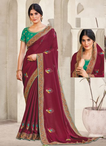 Georgette Contemporary Saree in Maroon Enhanced with Embroidered