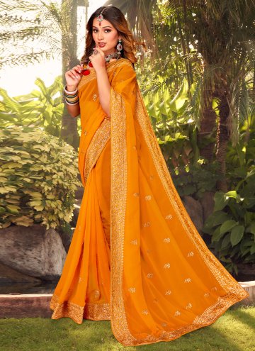 Georgette Contemporary Saree in Mustard Enhanced with Embroidered