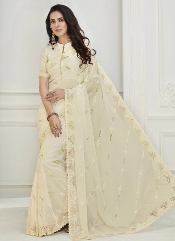 Georgette Contemporary Saree in Off White Enhanced with Embroidered