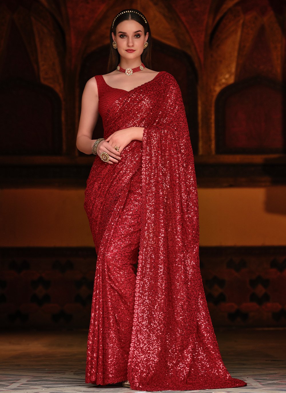 Georgette Contemporary Saree in Red Enhanced with Sequins Work
