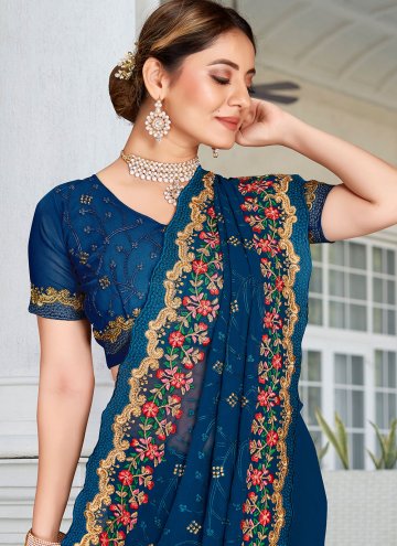 Georgette Contemporary Saree in Teal Enhanced with Embroidered