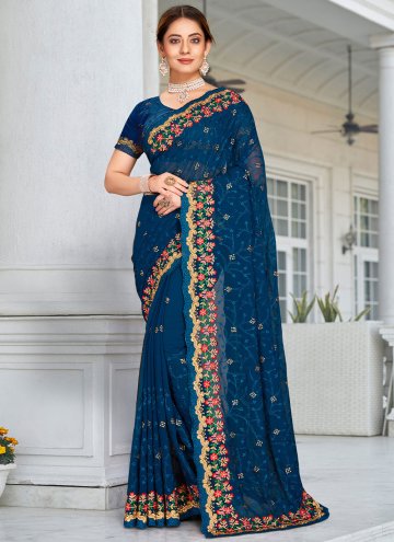 Georgette Contemporary Saree in Teal Enhanced with