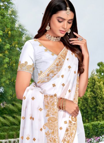 Georgette Contemporary Saree in White Enhanced with Embroidered