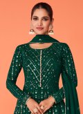 Georgette Designer Anarkali Salwar Kameez in Green Enhanced with Embroidered - 1