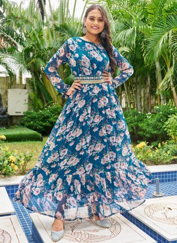 Georgette Designer Gown in Blue Enhanced with Printed