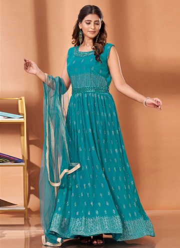 Georgette Designer Gown in Sea Green Enhanced with