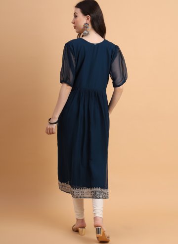 Georgette Designer Kurti in Navy Blue Enhanced with Embroidered