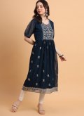 Georgette Designer Kurti in Navy Blue Enhanced with Embroidered - 2