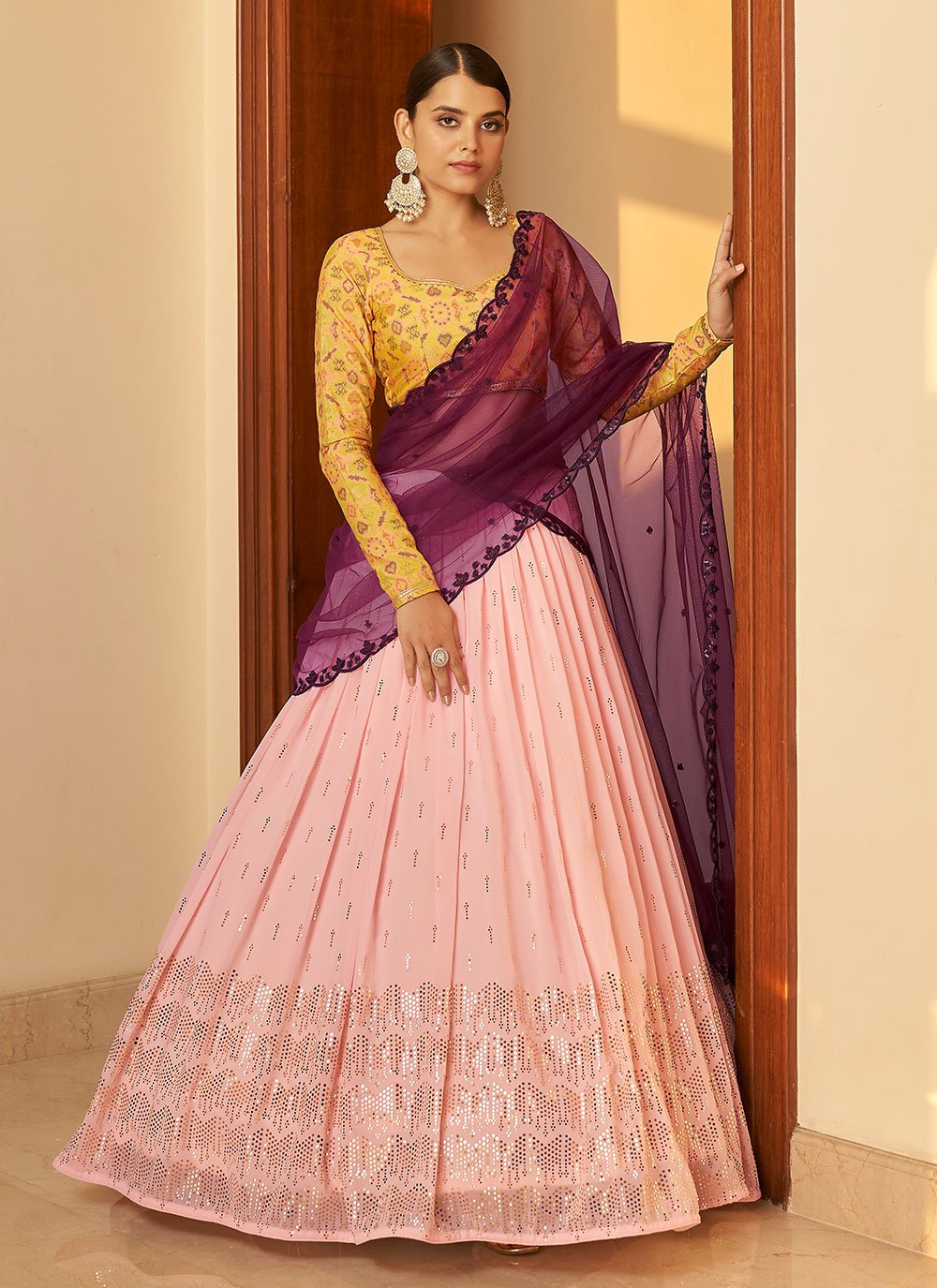 Georgette Designer Lehenga Choli in Pink Enhanced with Mukesh