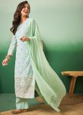 Georgette Designer Salwar Kameez in Sea Green Enhanced with Embroidered - 3