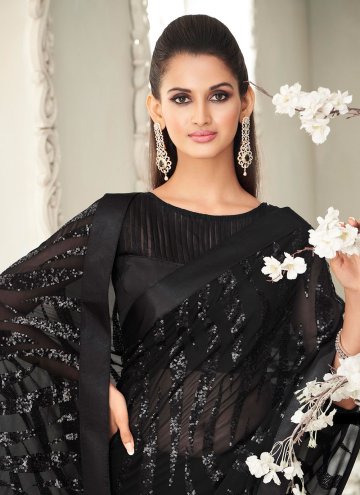 Georgette Designer Saree in Black Enhanced with Fancy work