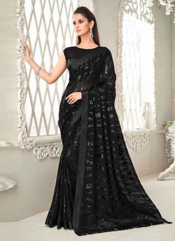 Georgette Designer Saree in Black Enhanced with Fa