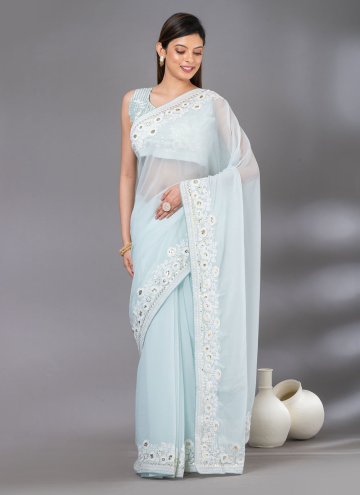 Georgette Designer Saree in Blue Enhanced with Embroidered