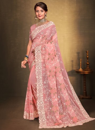 Georgette Designer Saree in Peach Enhanced with Embroidered